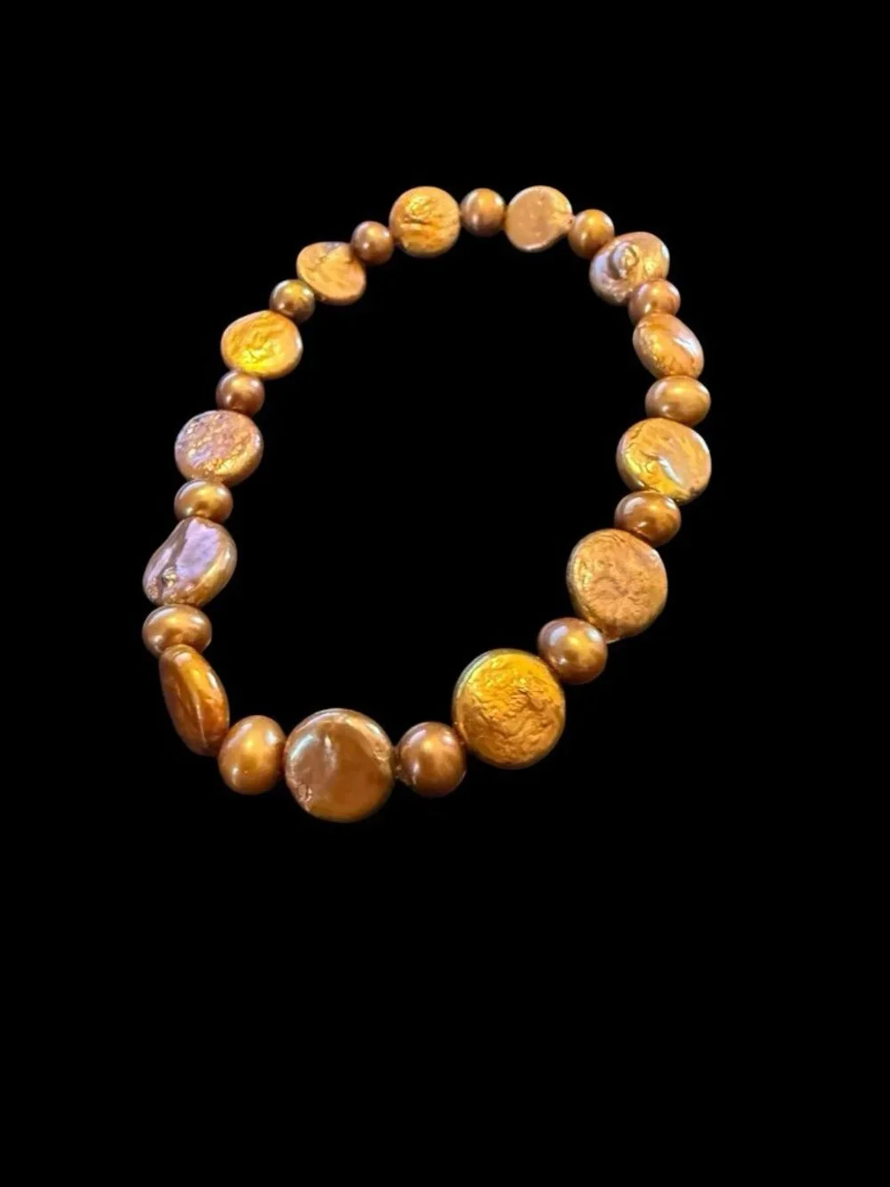 Artisan Metallic Gold Coin Pearl Stretch Bracelet Cultured Freshwater Beaded